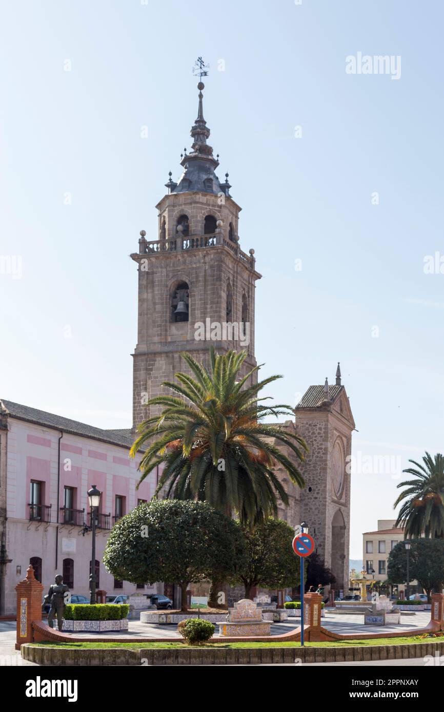 view of the plaza del pan, with the tower of the collegiate church in the background, Talavera de la Reina; Toledo, Spain Stock Photo