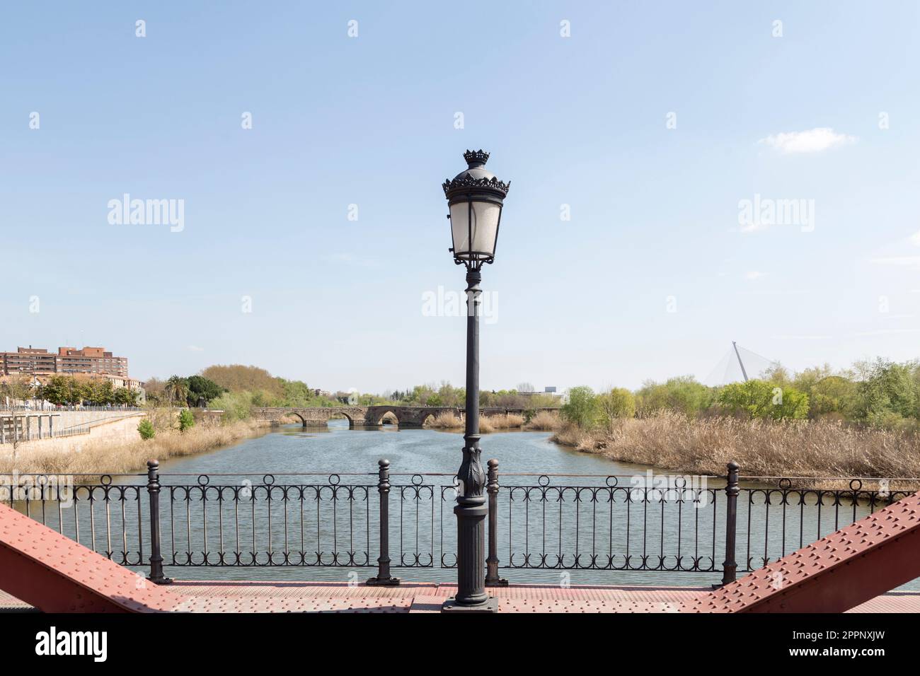 Old bridge from the iron bridge in Talavera de la Reina, Toledo, Spain. tagus river Stock Photo