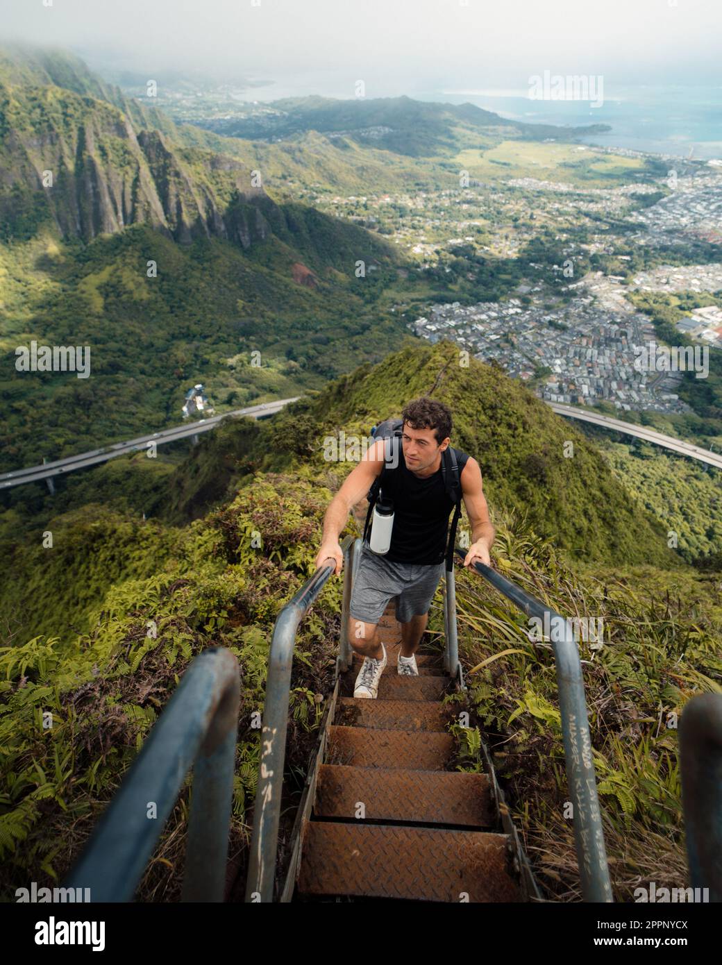 Man Hiking Stairway to Heaven (Haiku Stairs) on Oahu, Hawaii. High quality photo. Looking up the stairs. Stock Photo