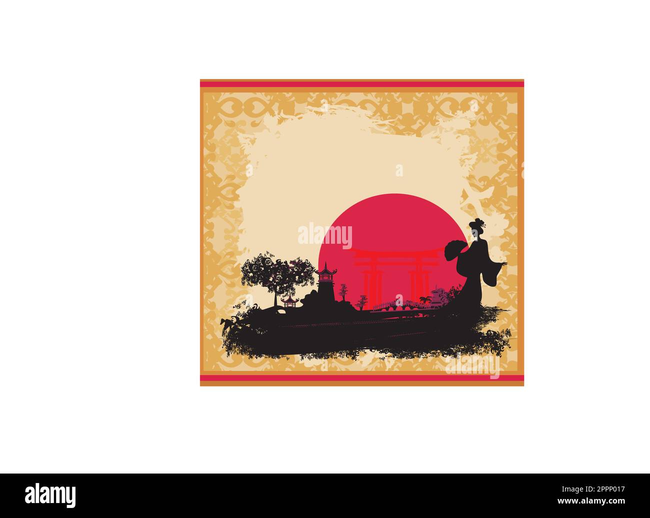 abstract Asian Landscape and beautiful Asian geisha girl Stock Vector