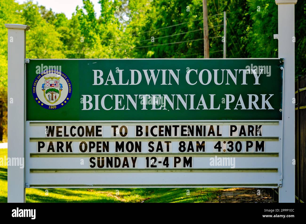 A sign for Baldwin County Bicentennial Park is pictured at the park’s