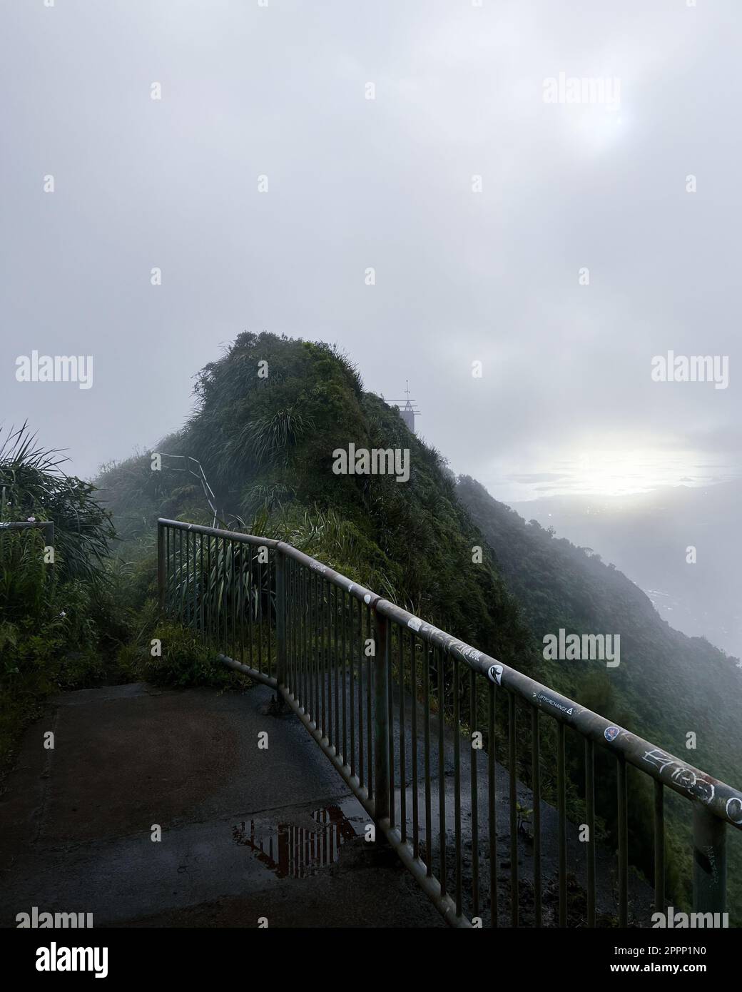 Man Hiking Stairway to Heaven (Haiku Stairs) on Oahu, Hawaii. High quality photo. Looking up the stairs. Stock Photo