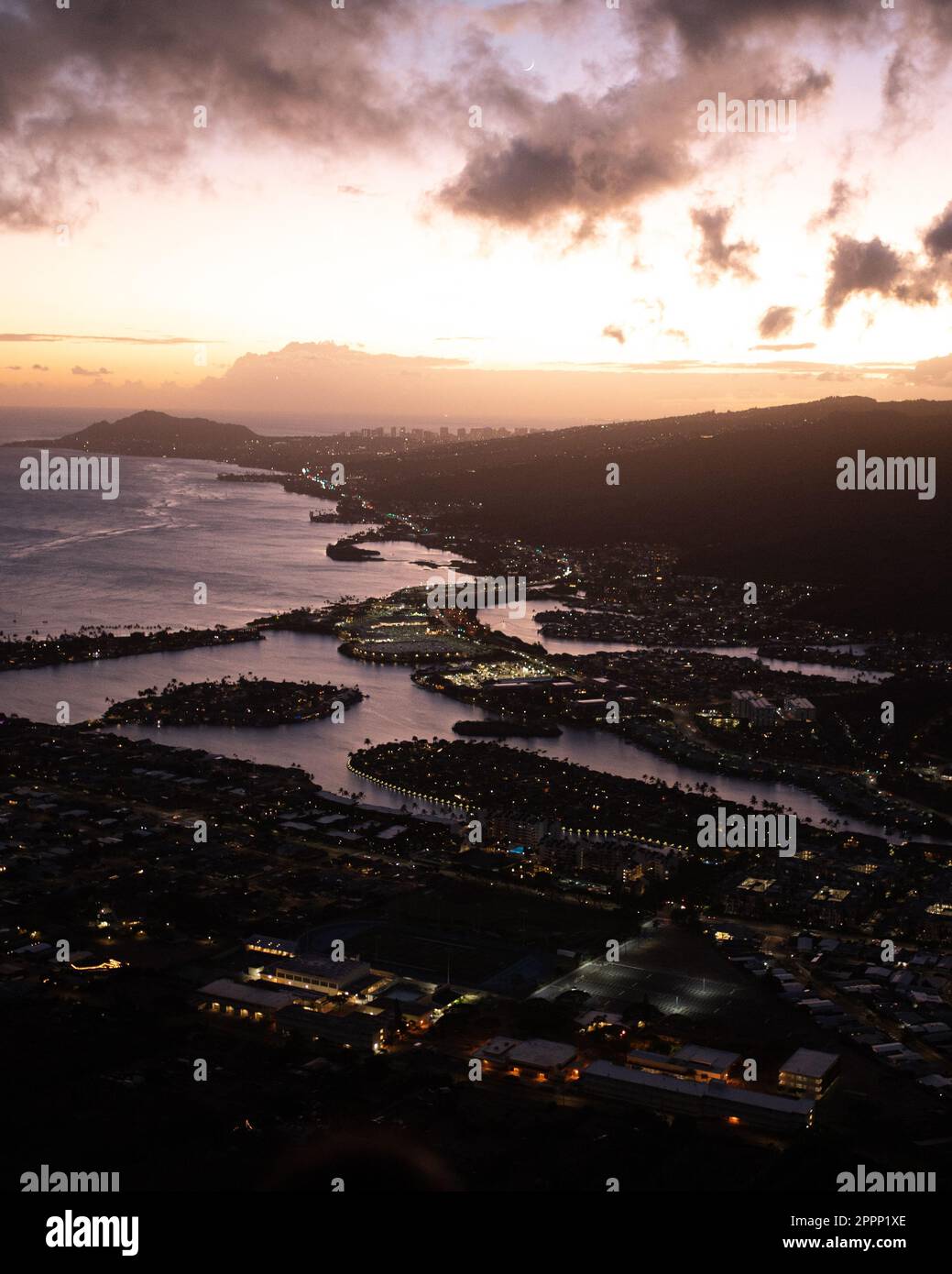 Sunset from top of Koko Head Crater. High quality photo. A railroad