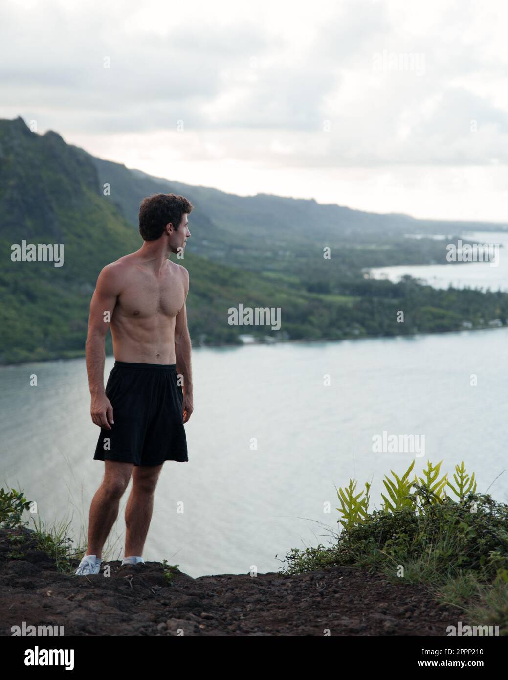 Man Looking out at Crouching Lion Hike on Oahu, Hawaii. High quality photo. Beautiful view of Oahu's east coast. Stock Photo