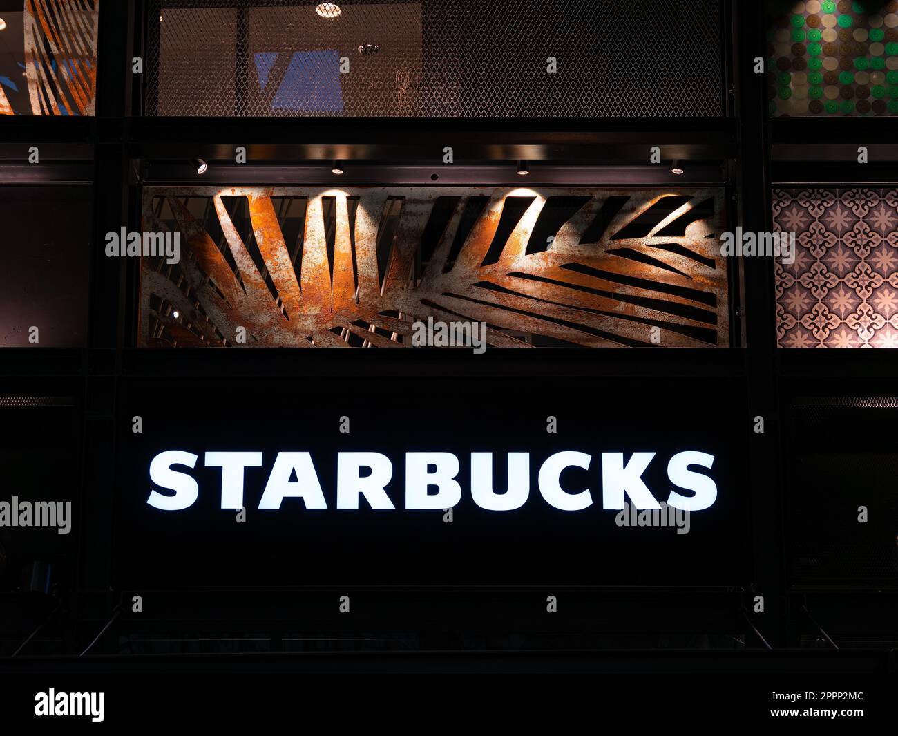 Frankfurt am Main, Germany - January 29, 2023: Starbucks Corporation is an American multinational chain of coffeehouses and roastery reserves Stock Photo