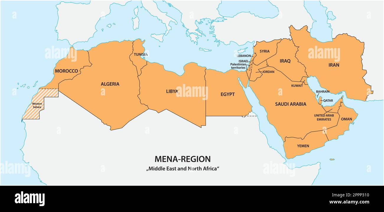 Map of the Mena Region, Middle East and North Africa Stock Vector