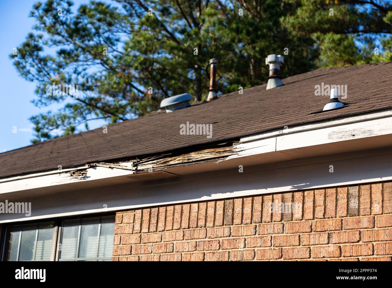 Roof and Fascia board damaged from water and neglect Stock Photo