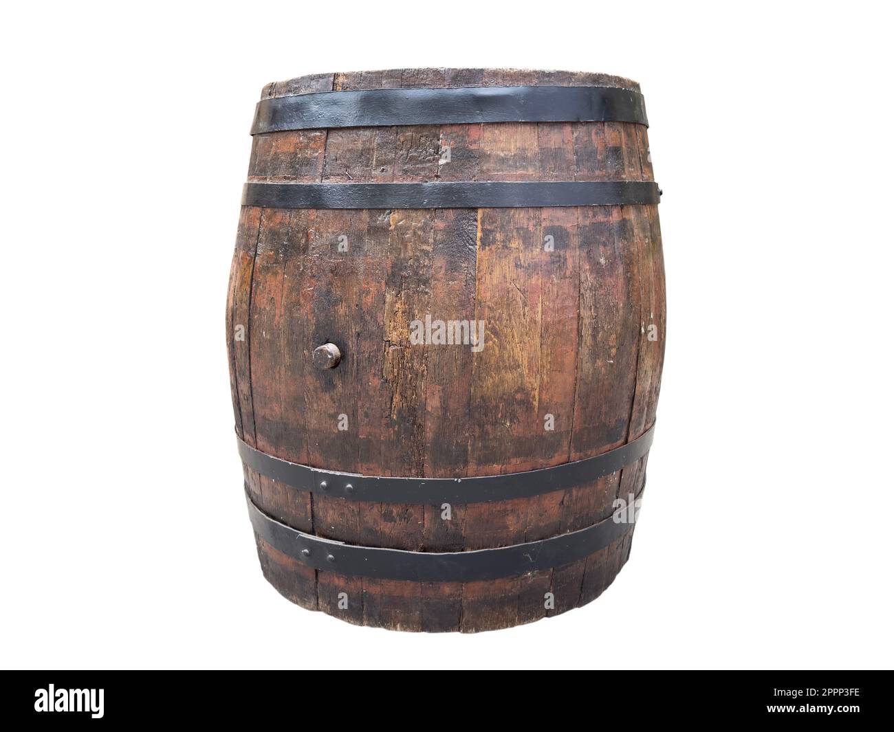 Old oak wine barrel isolated on white background. Oak barrel isolated
