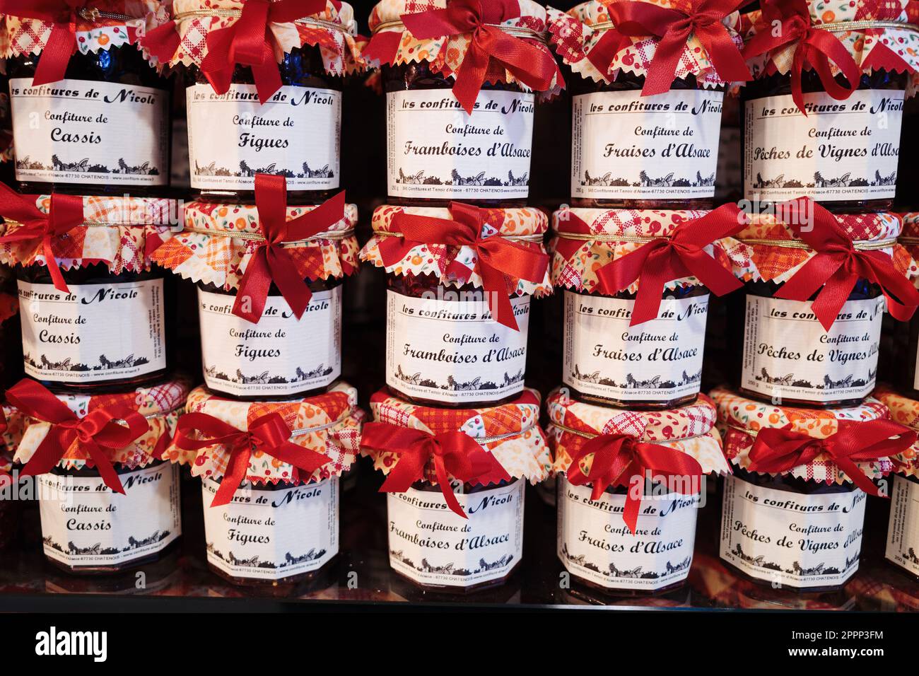 Strasbourg, France - December 13, 2022: Homemade fruit jam from various fruits - a local product from Alsace Stock Photo