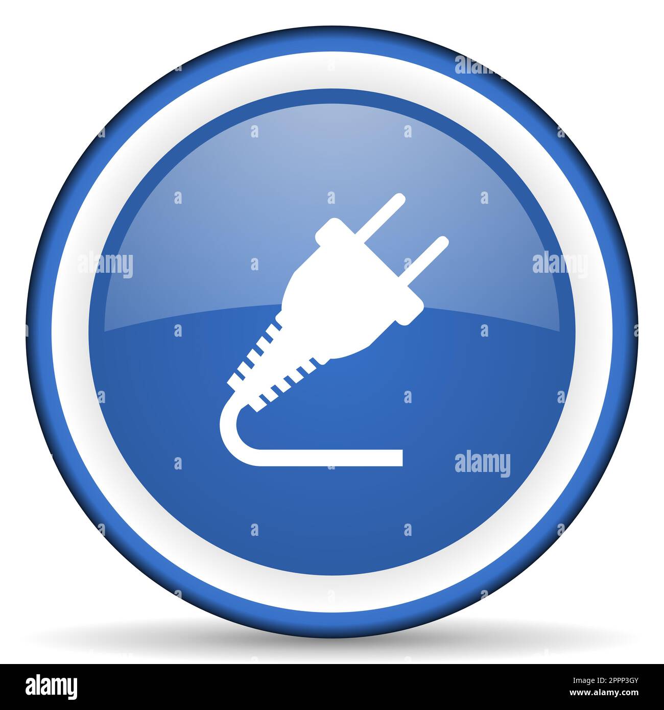 Plug glossy web icon, blue circle button isolated on white background ...