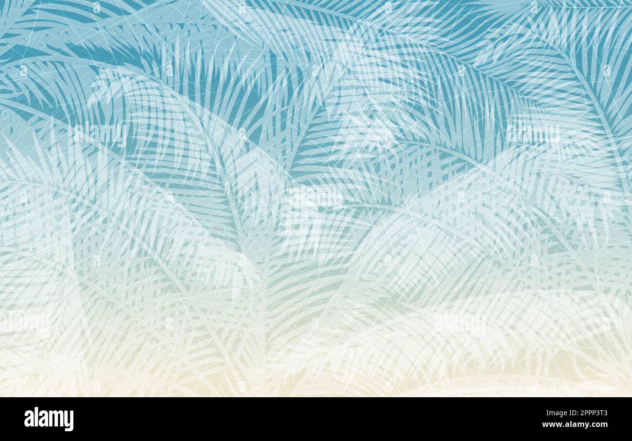 abstract wallpaper pattern of transparent palm leaves on sandy blue gradient background Stock Photo