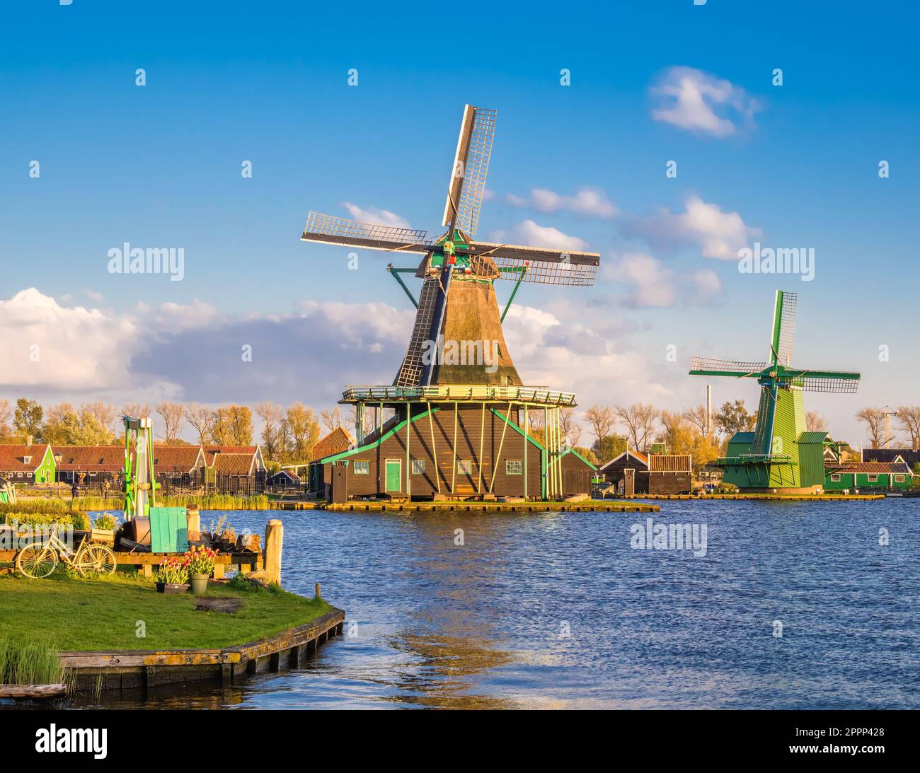 Traditional Dutch windmills in the rural landscape of Zaanse Schans Stock Photo