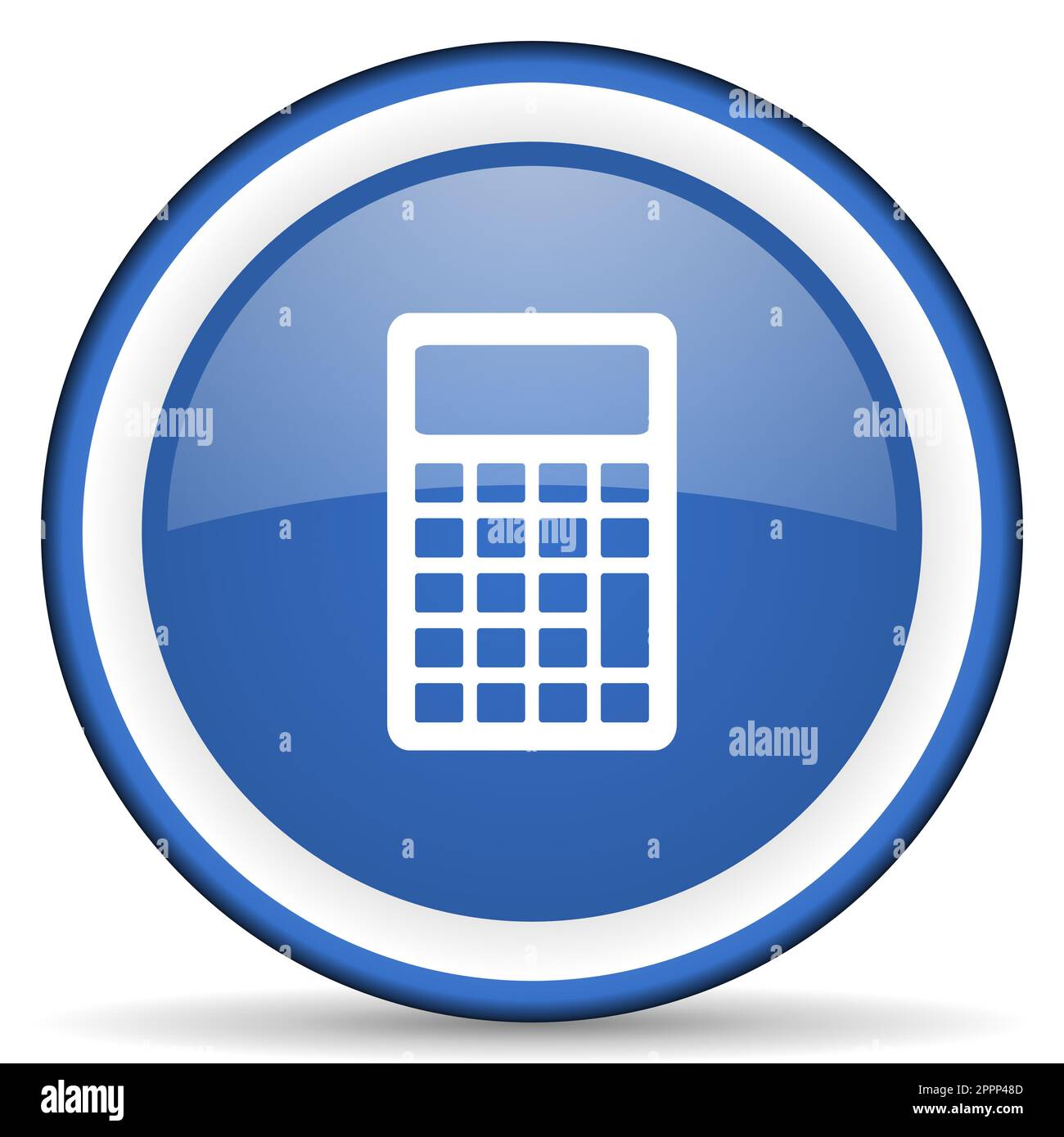 Calculator glossy web icon, blue circle button isolated on white ...