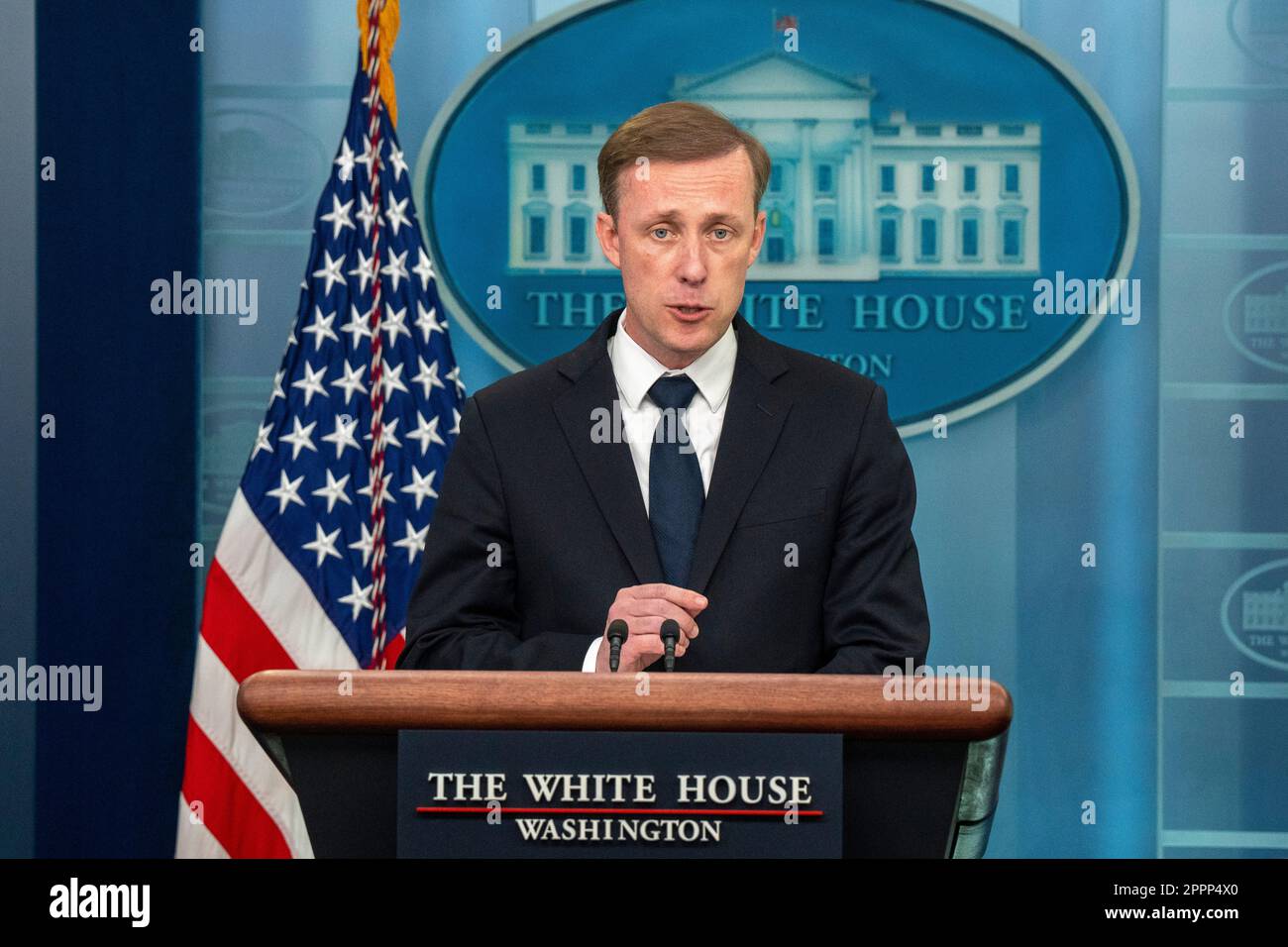 Washington, United States. 24th Apr, 2023. National Security Advisor Jake Sullivan speaks in the James Brady Press briefing room of the White House, April 24, 2023 in Washington DC. Photo by Ken Cedeno/Sipa USA Credit: Sipa USA/Alamy Live News Stock Photo