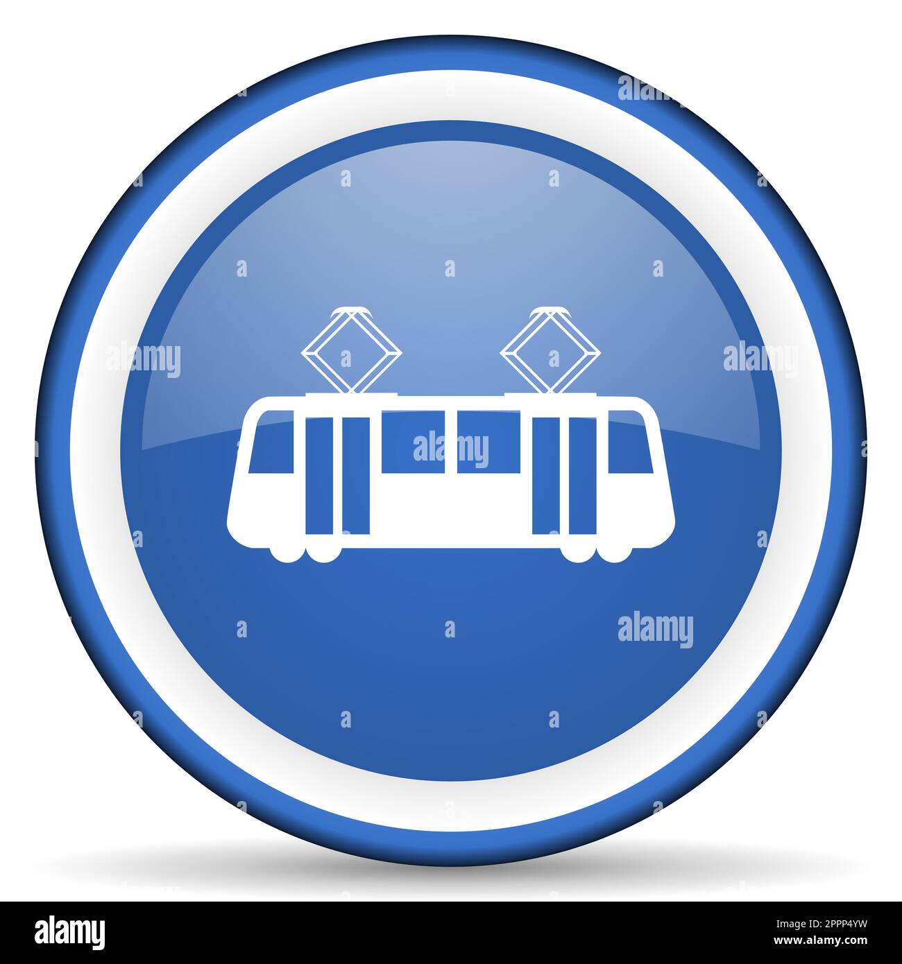 Tram glossy web icon, blue circle button isolated on white background ...