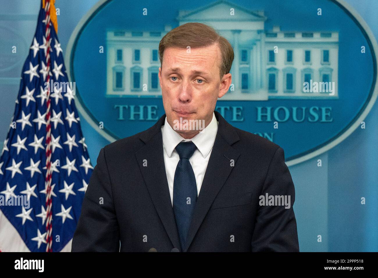 Washington, United States. 24th Apr, 2023. National Security Advisor Jake Sullivan speaks in the James Brady Press briefing room of the White House, April 24, 2023 in Washington DC. Photo by Ken Cedeno/Sipa USA Credit: Sipa USA/Alamy Live News Stock Photo