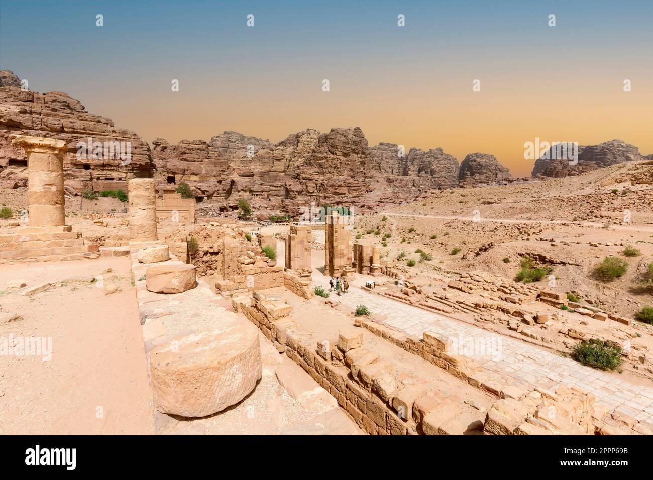 The temenos gate at the end of The Colonnaded Street in the ancient city of Petra, Jordan. Stock Photo