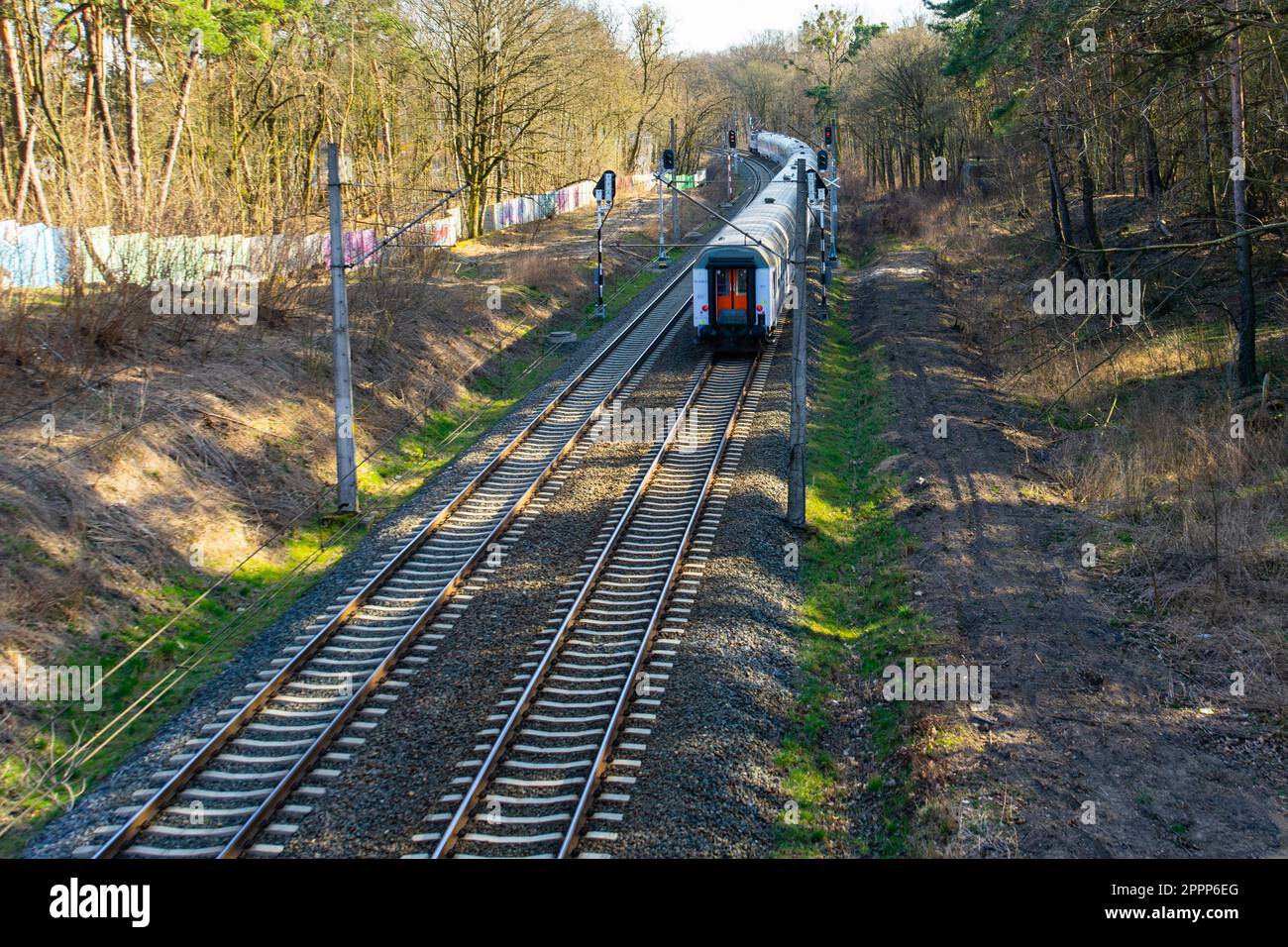 Outgoing Train. View Of The Last Car Of The Train Stock Photo - Alamy