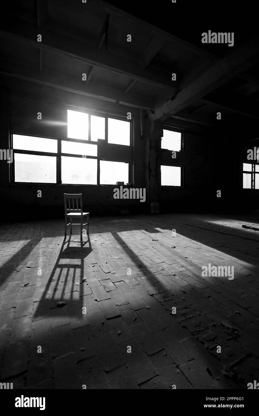 Black and white photo of abandoned building interior Stock Photo - Alamy