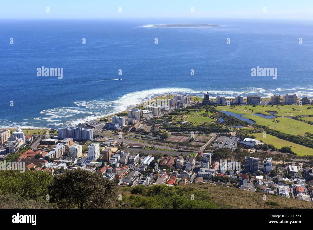 Robben Island and Green Point photographed from Signal Hill Stock Photo