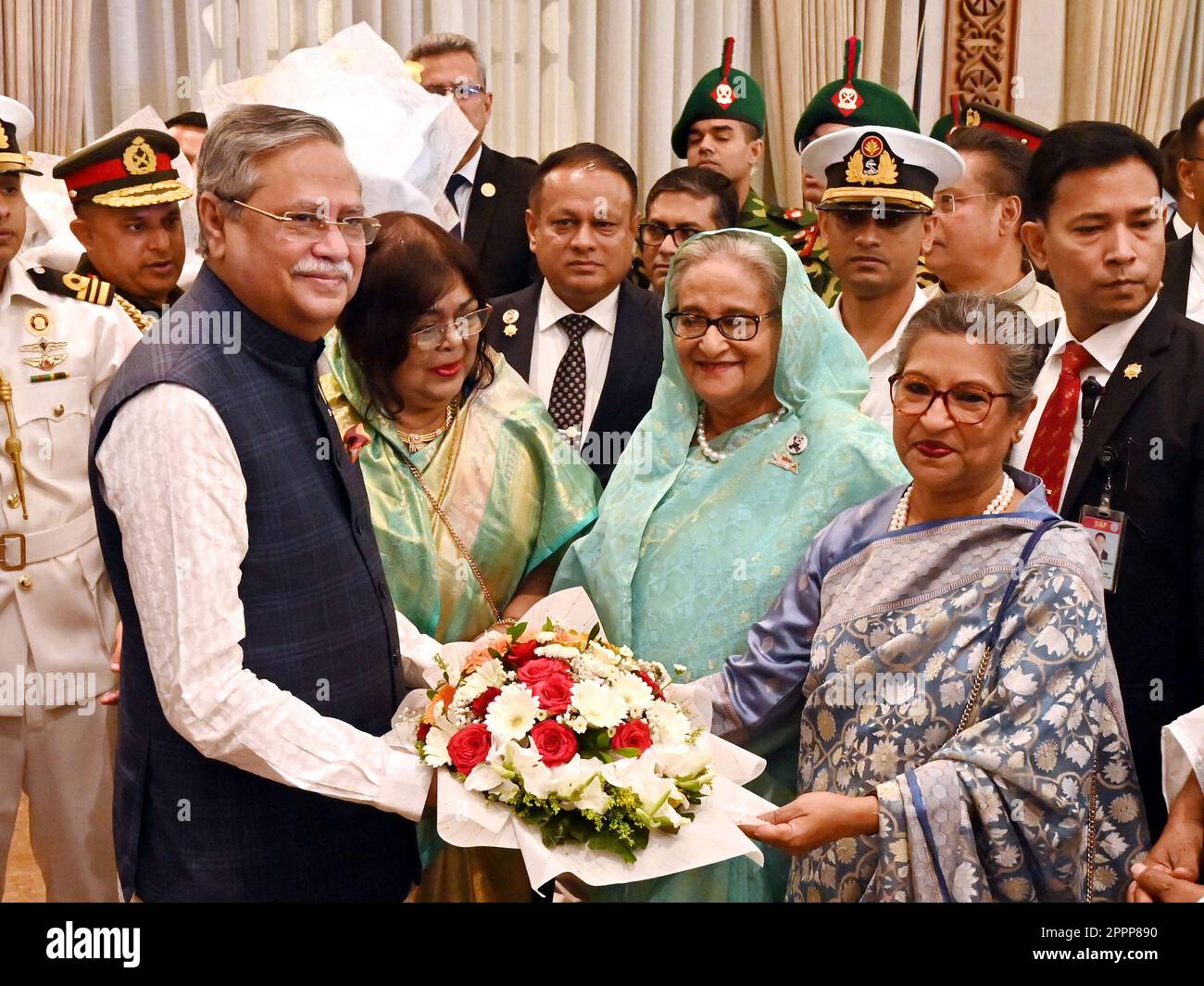 Dhaka, Bangladesh. 24th Apr, 2023. Bangladeshi President Mohammed Shahabuddin Chuppu (1st L, Front) is greeted by Bangladeshi Prime Minister Sheikh Hasina (2nd R, Front) in Dhaka, Bangladesh, on April 24, 2023. Mohammed Shahabuddin Chuppu, a retired judge and former commissioner of the Anti-Corruption Commission, took the oath as the 22nd president of Bangladesh Monday, with parliament speaker Shirin Sharmin Chaudhury administering the oath of office to Shahabuddin. Credit: Xinhua/Alamy Live News Stock Photo