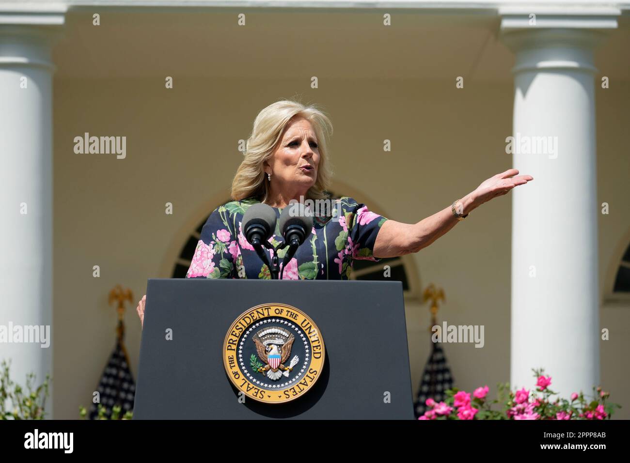 First lady jill biden speaks during a ceremony honoring the council of