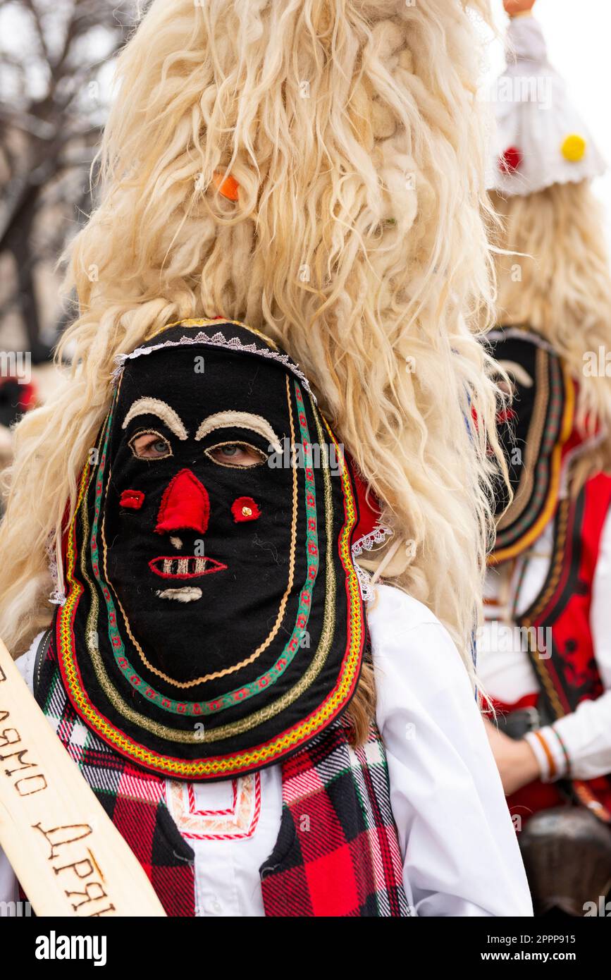 Masked Kukeri dancer with black intricate mask at the Surva