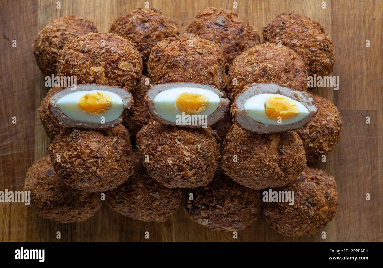 Homemade scotch eggs made from sausage meat, freerange eggs and