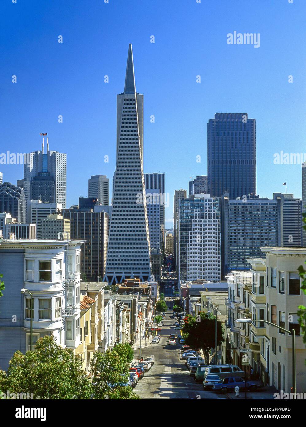 View of downtown business district showing Transamerica Pyramid Building, San Francisco, California, United States of America Stock Photo