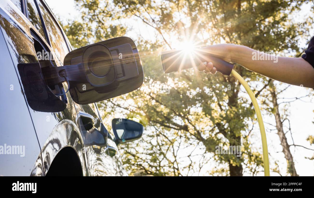 EV charging station for electric car in concept of green renewable ...