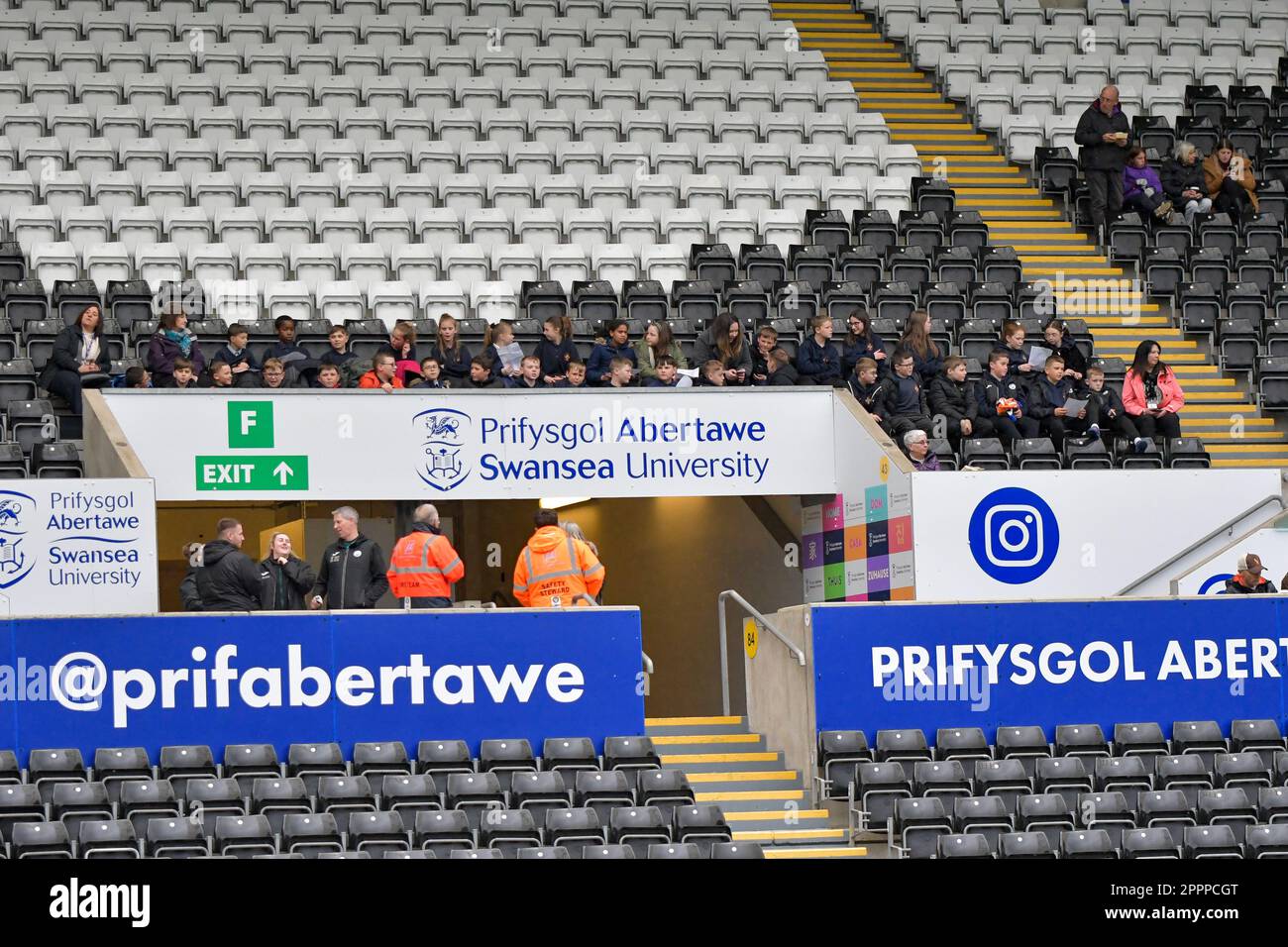 Swansea, Wales. 24 April 2023. Swansea City fans before the Professional Development League game between Swansea City Under 21 and Sheffield United Under 21 at the Swansea.com Stadium in Swansea, Wales, UK on 24 April 2023. Credit: Duncan Thomas/Majestic Media/Alamy Live News. Stock Photo