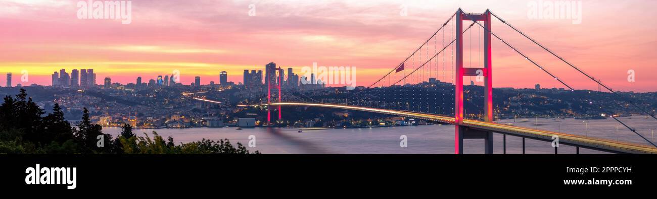 Awesome Panoramic view of Istanbul Bosphorus on sunset. Istanbul Turkey Stock Photo