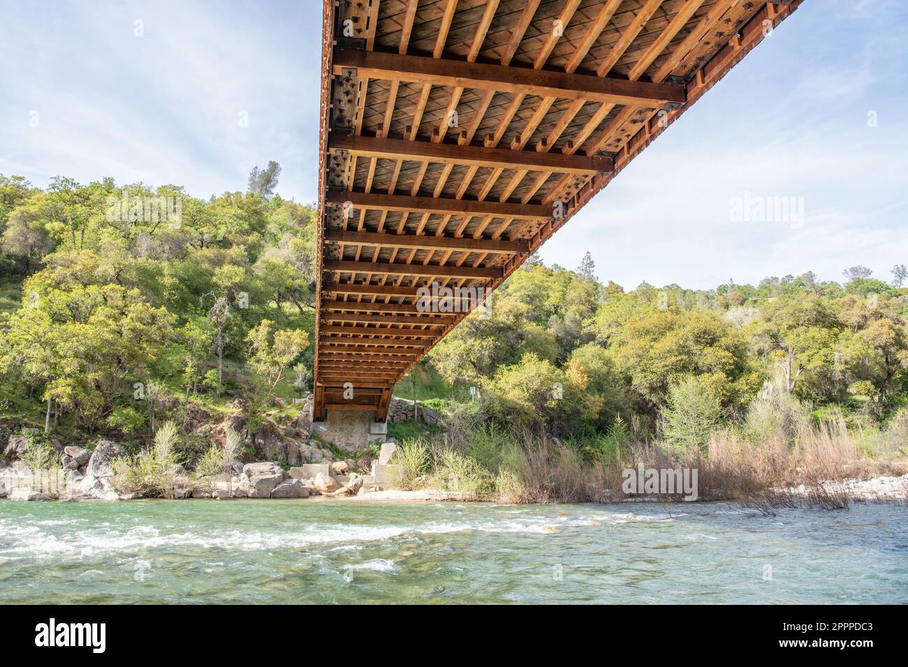 An unusual view from below the Bridgeport covered bridge, a historic landmark in South Yuba River State Park, Nevada County, California. Stock Photo