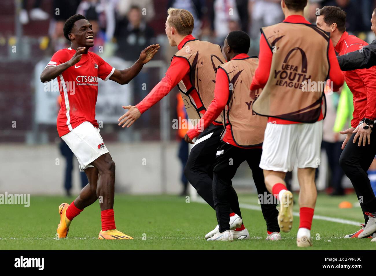 Zagreb, Croatia. 24th Apr, 2023. GENEVA, SWITZERLAND - APRIL 24: Ernest Poku of AZ Alkmaar celebrates after scoring his side's second goal during the UEFA Youth League 2022/23 Final match between AZ Alkmaar and HNK Hajduk Split at Stade de Geneve on April 24, 2023 in Geneva, Switzerland.Photo: Luka Stanzl/PIXSELL Credit: Pixsell/Alamy Live News Stock Photo