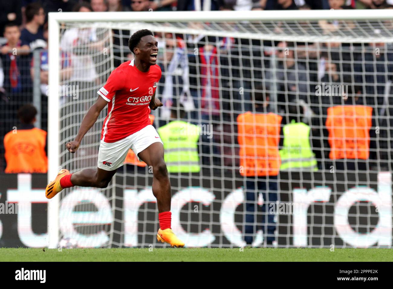 Zagreb, Croatia. 24th Apr, 2023. GENEVA, SWITZERLAND - APRIL 24: Ernest Poku of AZ Alkmaar celebrates after scoring his side's second goal during the UEFA Youth League 2022/23 Final match between AZ Alkmaar and HNK Hajduk Split at Stade de Geneve on April 24, 2023 in Geneva, Switzerland.Photo: Luka Stanzl/PIXSELL Credit: Pixsell/Alamy Live News Stock Photo