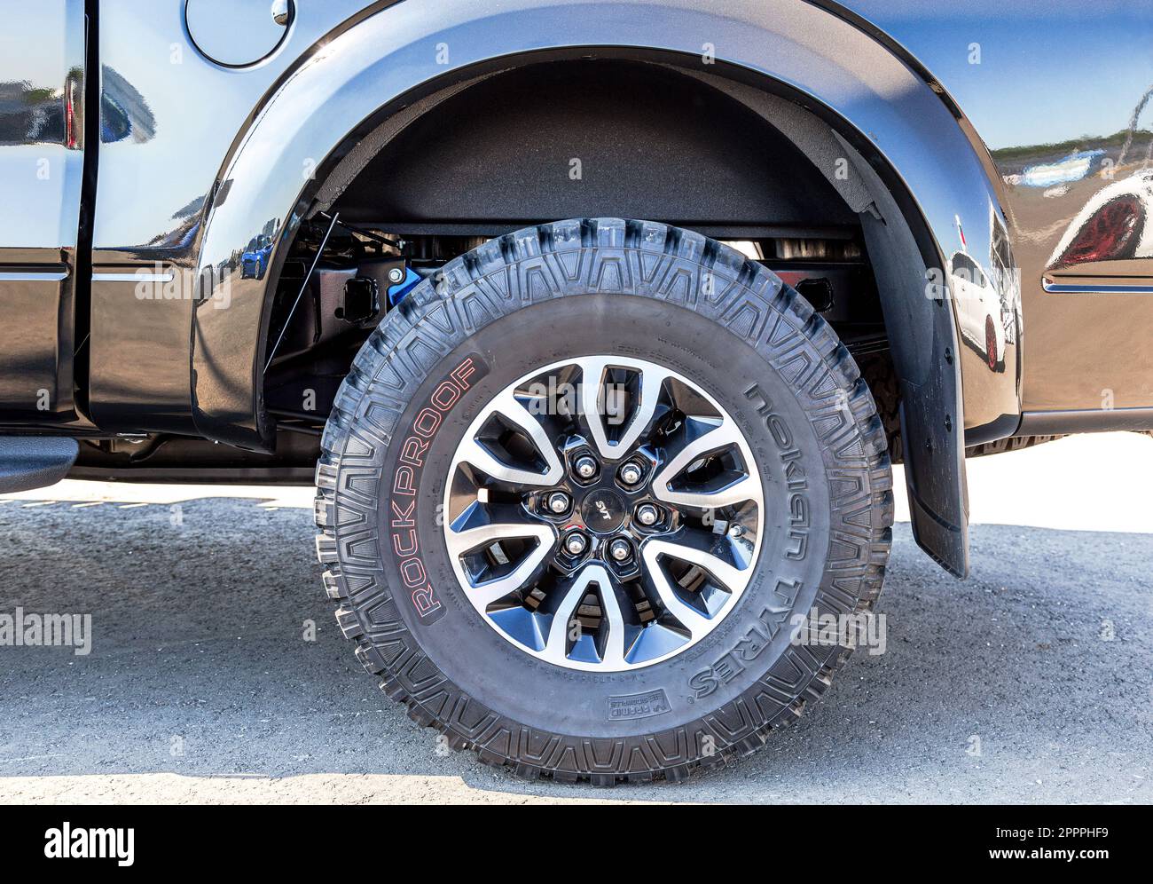 Samara, Russia - June 26, 2022: Wheel all terrain tires Nokian Tyres Rock Proof from off-road Ford F-150 Raptor vehicle Stock Photo