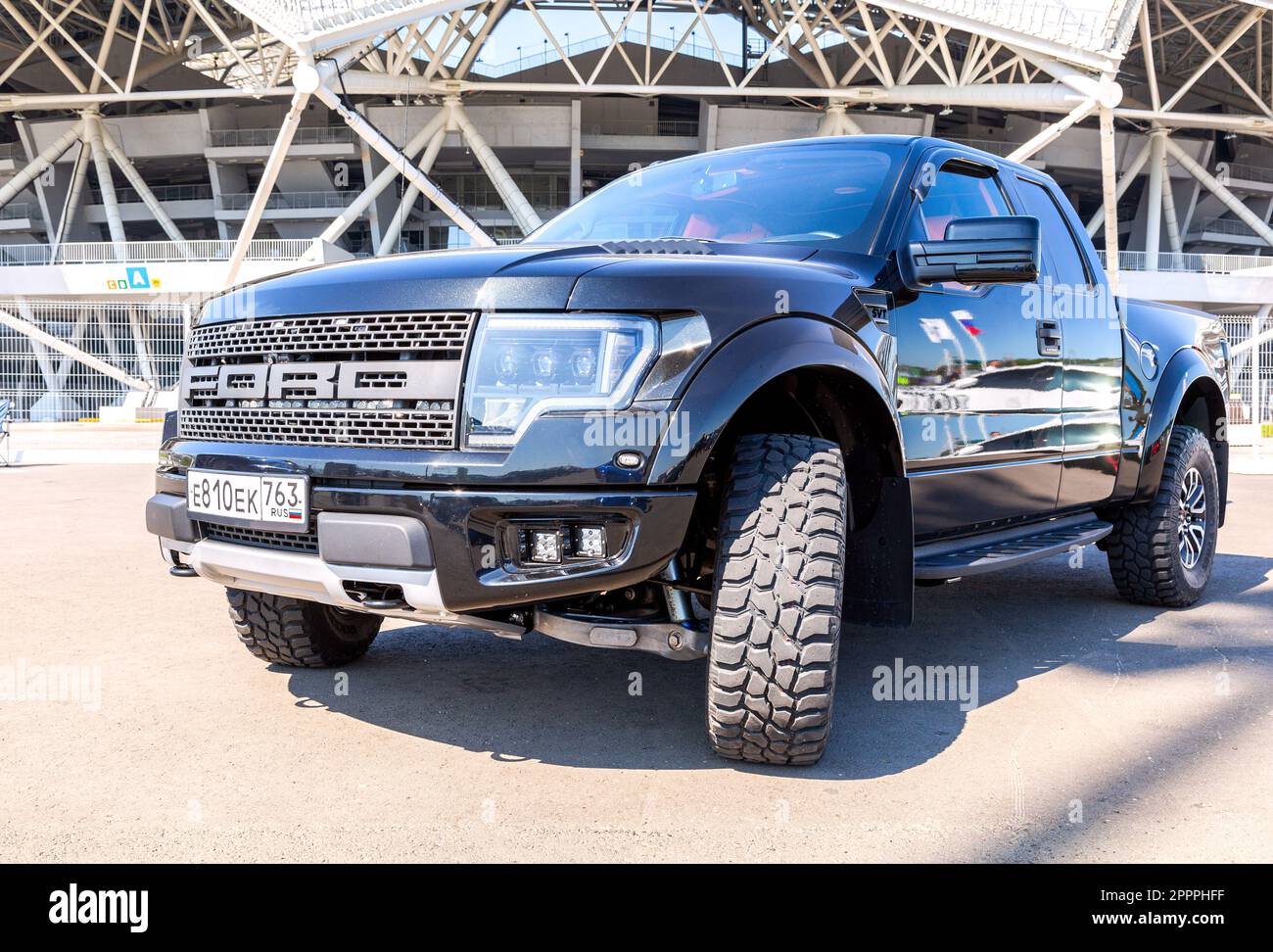 Samara, Russia - June 26, 2022: Off-road 4x4 Ford F-150 Raptor vehicle with all terrain tires Nokian Tyres. Black all terrain vehicle Ford 4x4 Stock Photo