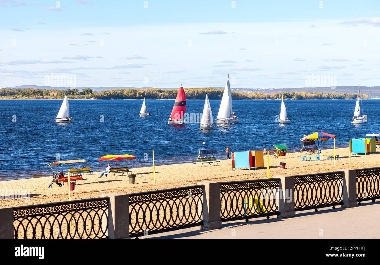 Samara, Russia - September 12, 2015: Sailing yachts floating on the Volga river on a summer sunny day Stock Photo