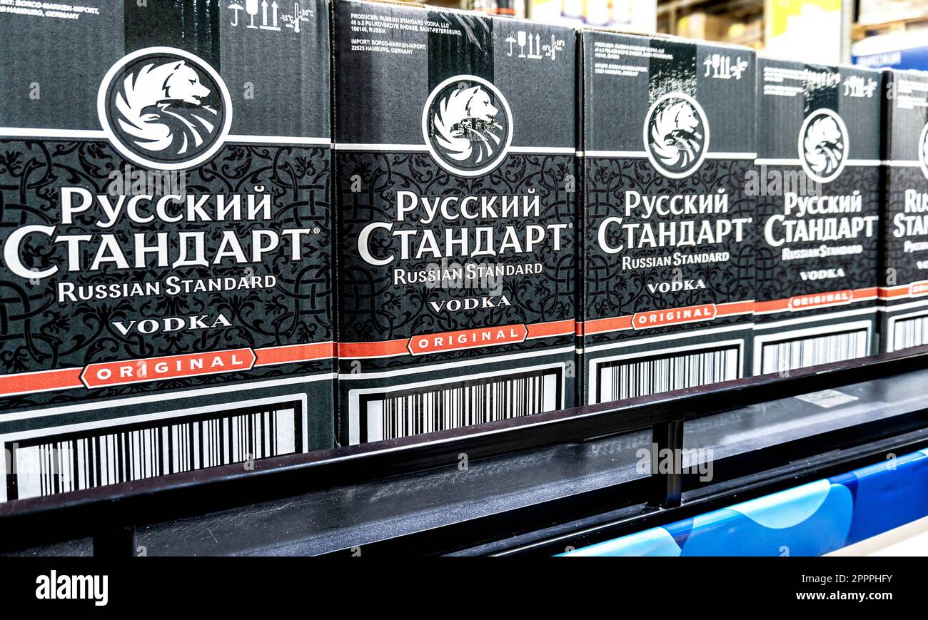 Samara, Russia - April 20, 2023: Russian Standard vodka on display for sale in a superstore. Bottled alcoholic beverages and spirit drinks. Strong alc Stock Photo