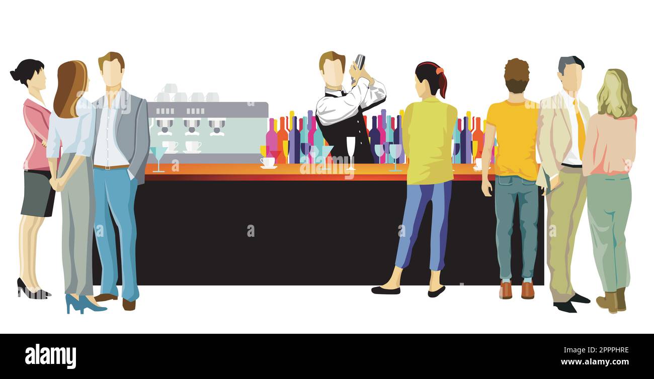 Bartender with adults at the bar counter Stock Vector Image & Art - Alamy