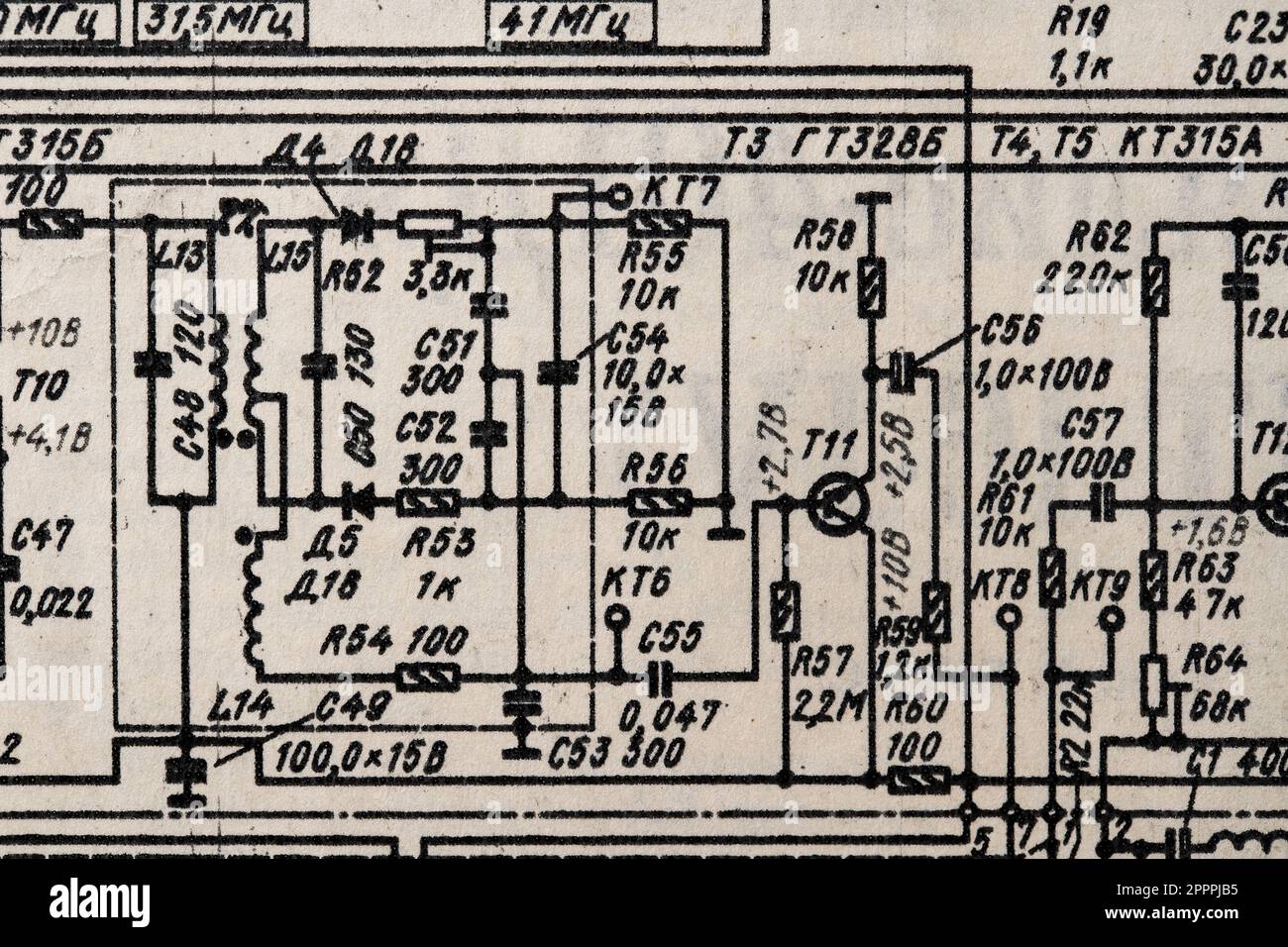 Old radio circuit printed on vintage paper electricity diagram as background for education, electricity industries and repair. Electric radio scheme f Stock Photo