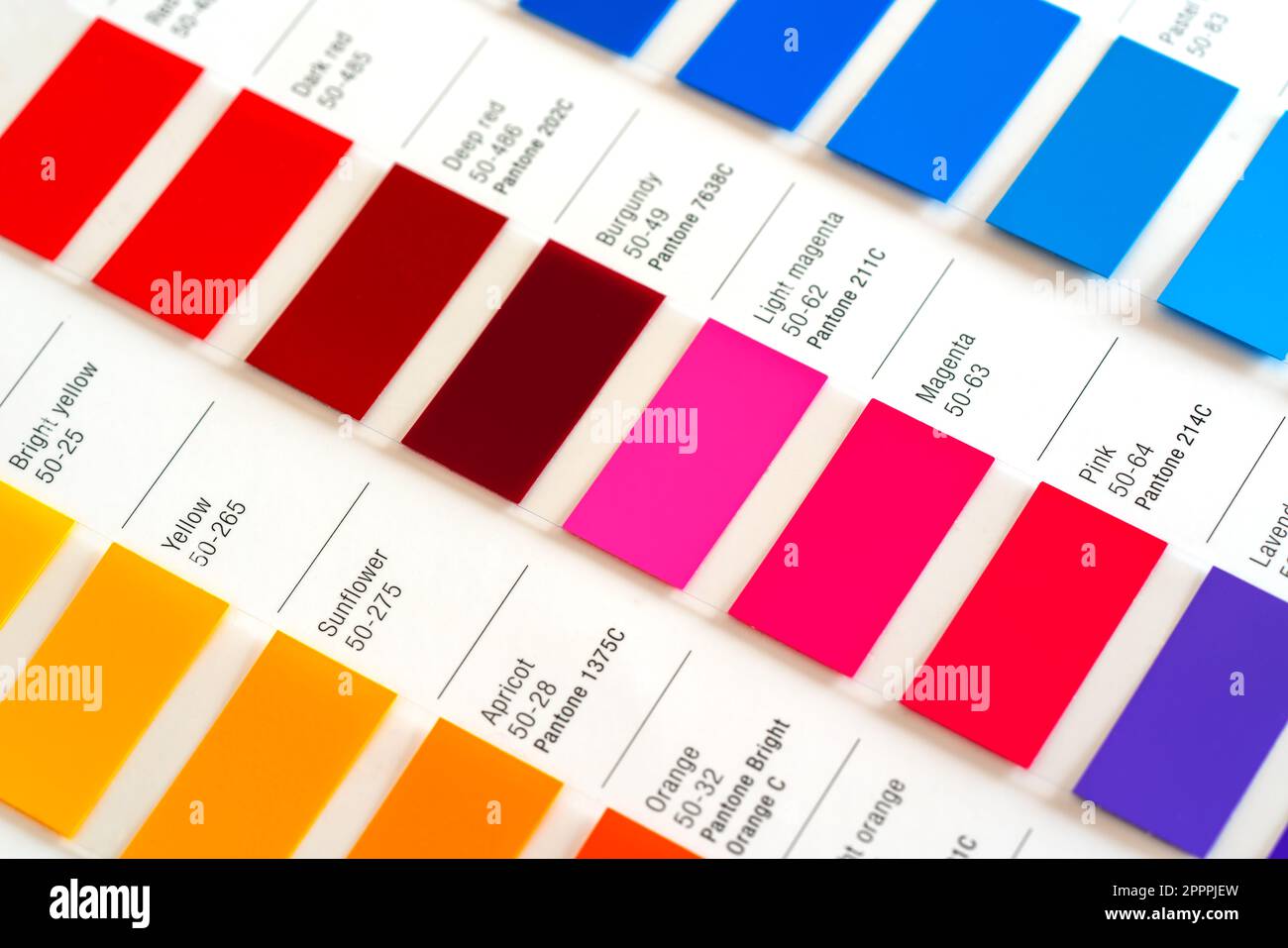 Vibrant colors swatches - adhesive film - with colour names and codes, closeup detail Stock Photo