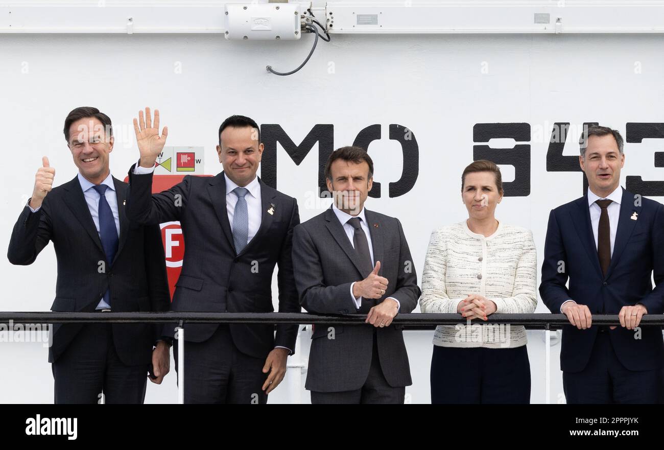 Ostend, Belgium. 24th Apr, 2023. Prime Minister of the Netherlands Mark Rutte, Irish Taoiseach Michael Martin (Prime Minister), President of France Emmanuel Macron, Prime Minister of Denmark Mette Frederiksen and Prime Minister Alexander De Croo pictured during the second North Sea Summit, with Denmark, Germany, France, Ireland, Luxembourg, the Netherlands, Norway, the United Kingdom, and Belgium, in Oostende, Monday 24 April 2023. Credit: Belga News Agency/Alamy Live News Stock Photo