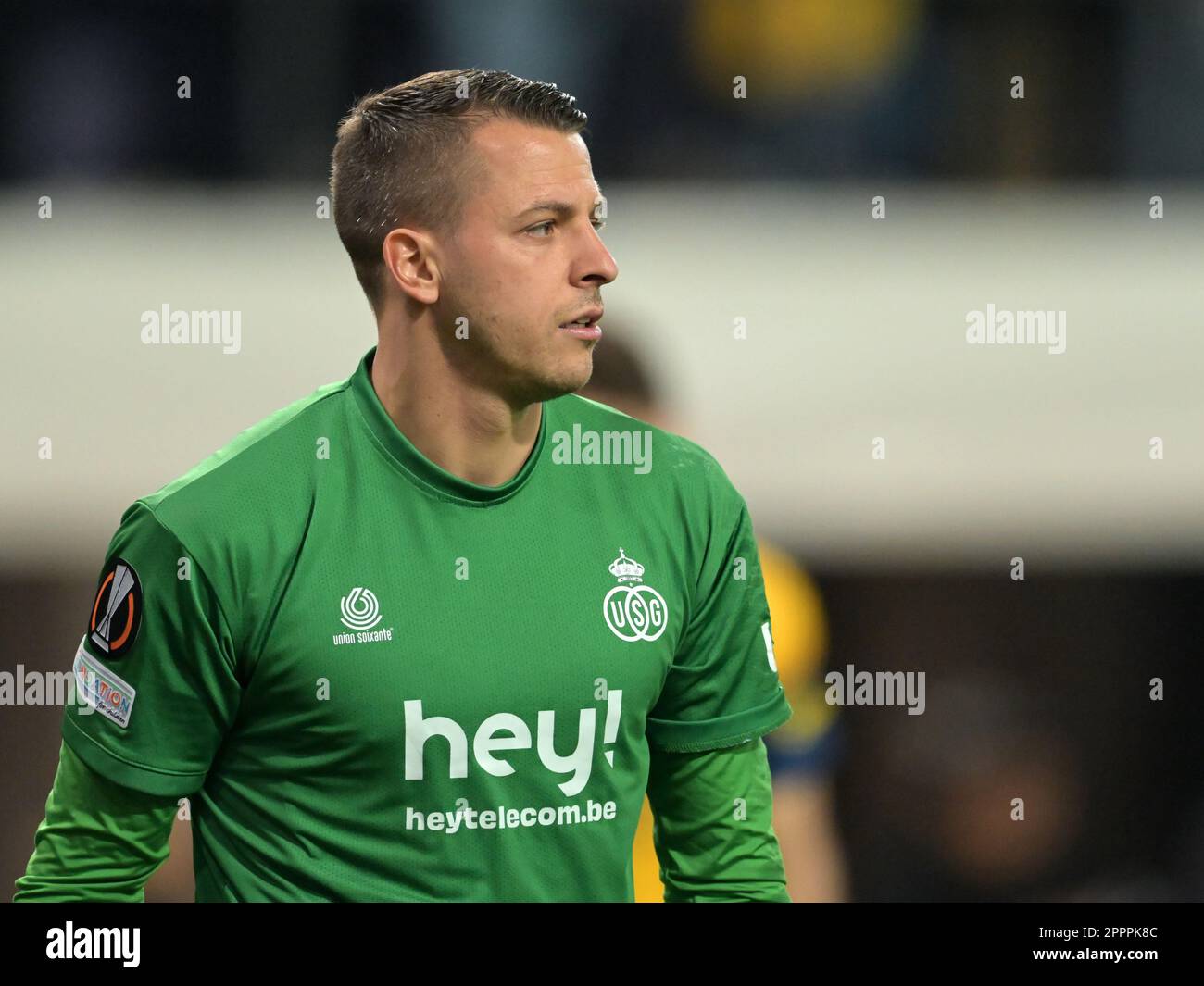 BRUSSELS - Royale Union Saint-Gilloise Anthony Moris during the UEFA Europa League quarterfinal match between Union Sint Gillis and Bayer 04 Leverkusen at Lotto Park stadium on April 20, 2023 in Brussels, Belgium. AP | Dutch Height | GERRIT OF COLOGNE Stock Photo