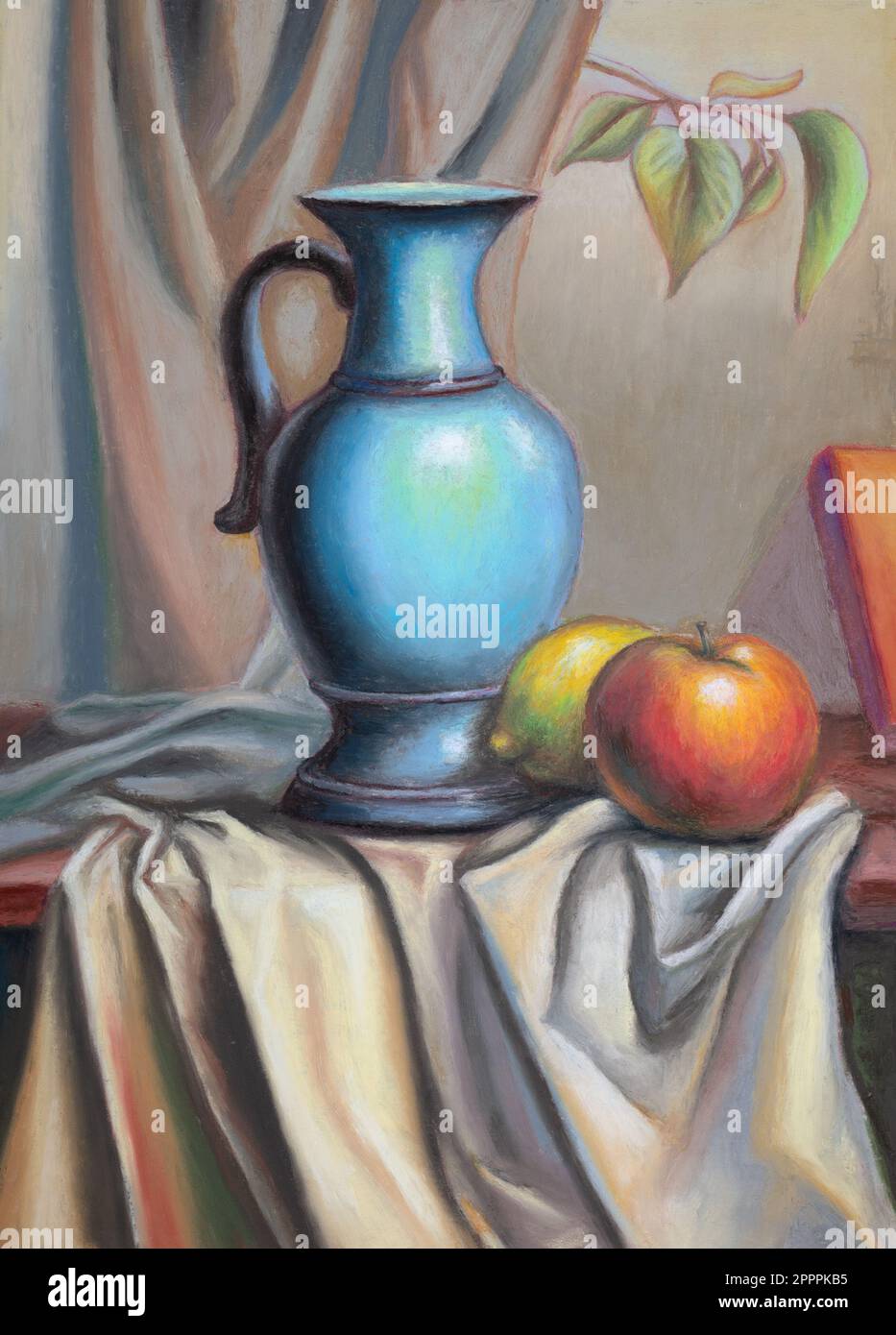 Still life with fruit, a blue vase and some drapery. Traditional painting on paper. Stock Photo