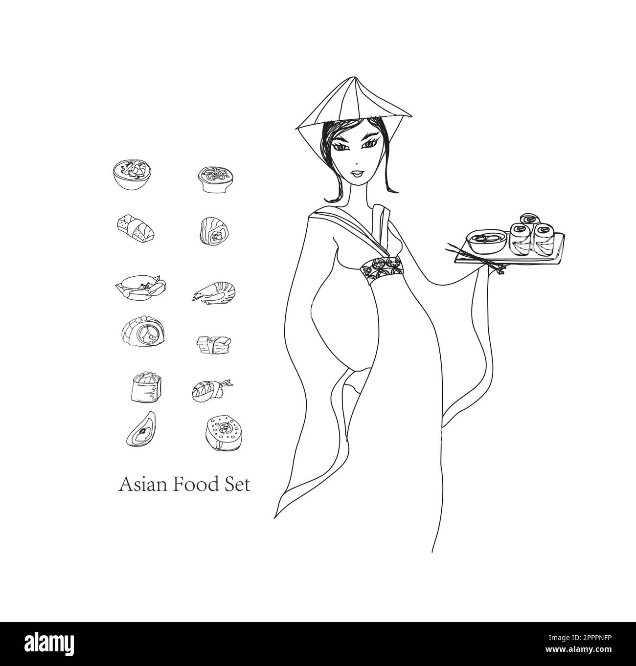 beautiful Asian girl enjoy sushi - doodle illustration Stock Vector