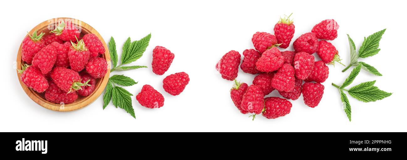 Raspberry Flat Lay raspberries in wooden bowl with leaves isolated on white background ...