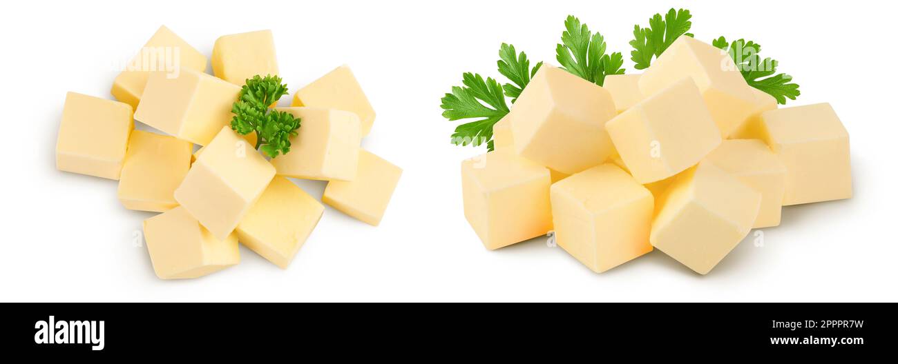 butter cubes isolated on white background with full depth of field. Top ...