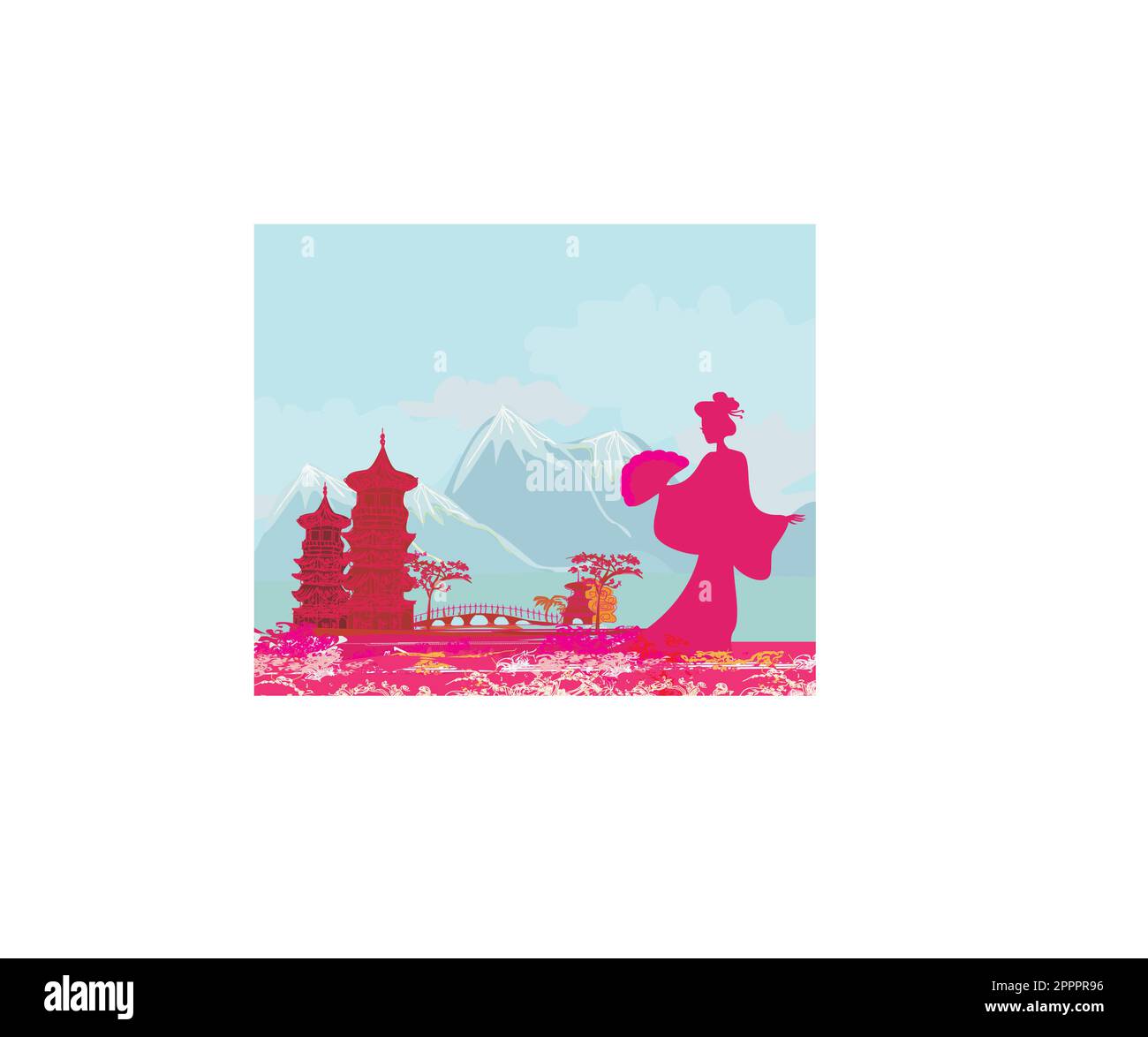 abstract Asian Landscape and beautiful Asian girl Stock Vector