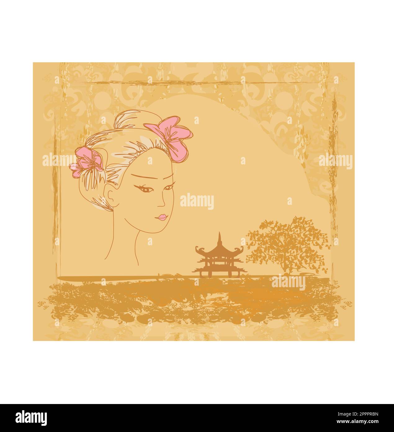 abstract Asian Landscape and beautiful Asian girl Stock Vector